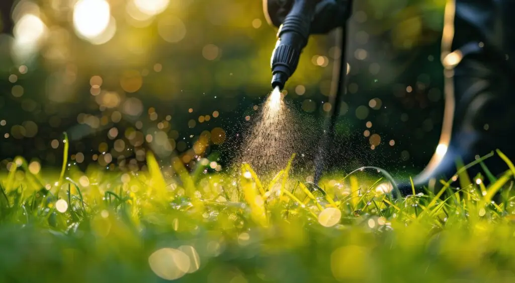 A person is spraying water from a hose onto a green grass lawn on a sunny day.